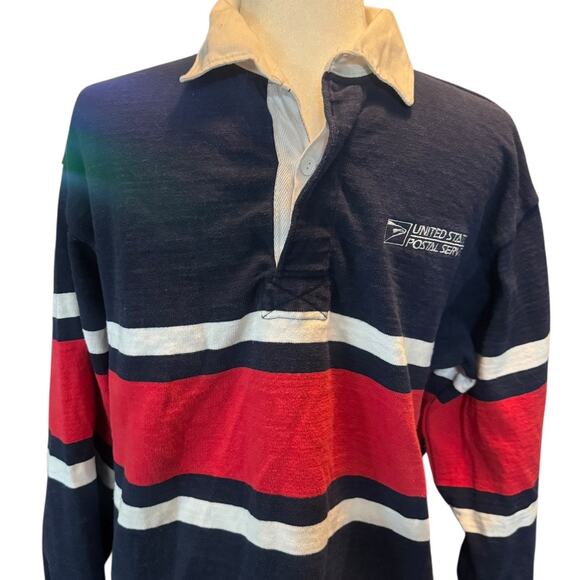 Vintage USPS Barbarian Rugby Shirt Made in Canada Navy Red White Stripe Size L - Picture 5 of 11